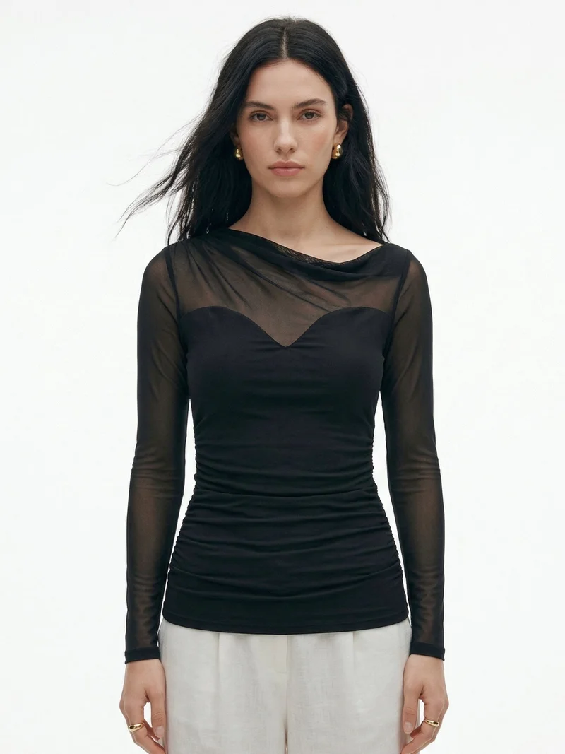 أوجيدر Black Full Sleeve Mesh Detail Top