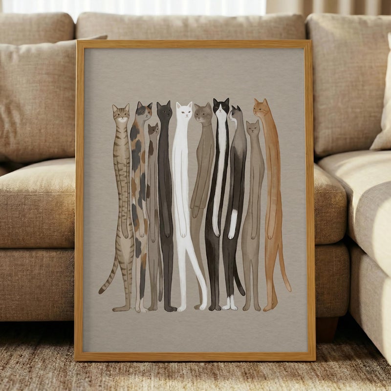 TNESSENTIAL Long Cat Lineup Print – Funny Animal Wall Art, Boho Neutral Bedroom Decor, Quirky Pet Portrait, Minimalist Watercolor Cats, Cat Lover Gift - Image 4