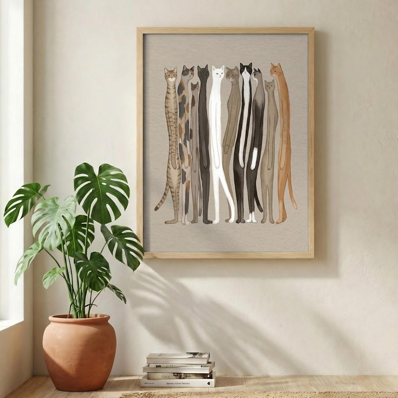 TNESSENTIAL Long Cat Lineup Print – Funny Animal Wall Art, Boho Neutral Bedroom Decor, Quirky Pet Portrait, Minimalist Watercolor Cats, Cat Lover Gift - Image 3