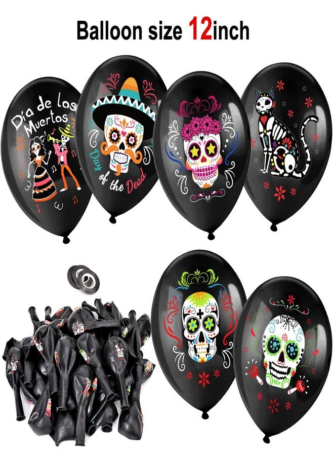 HOWAF 48 Pieces Day of the Dead Sugar Skull Party Balloons, Black Latex Balloons with Horror Skull Patterns for Mexican Themed Party Decoration, Dia De Los Muertos Party Ballons for Halloween Decor Favors - Image 3