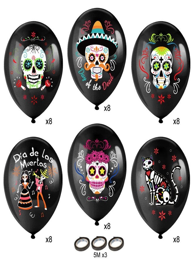 HOWAF 48 Pieces Day of the Dead Sugar Skull Party Balloons, Black Latex Balloons with Horror Skull Patterns for Mexican Themed Party Decoration, Dia De Los Muertos Party Ballons for Halloween Decor Favors - Image 2