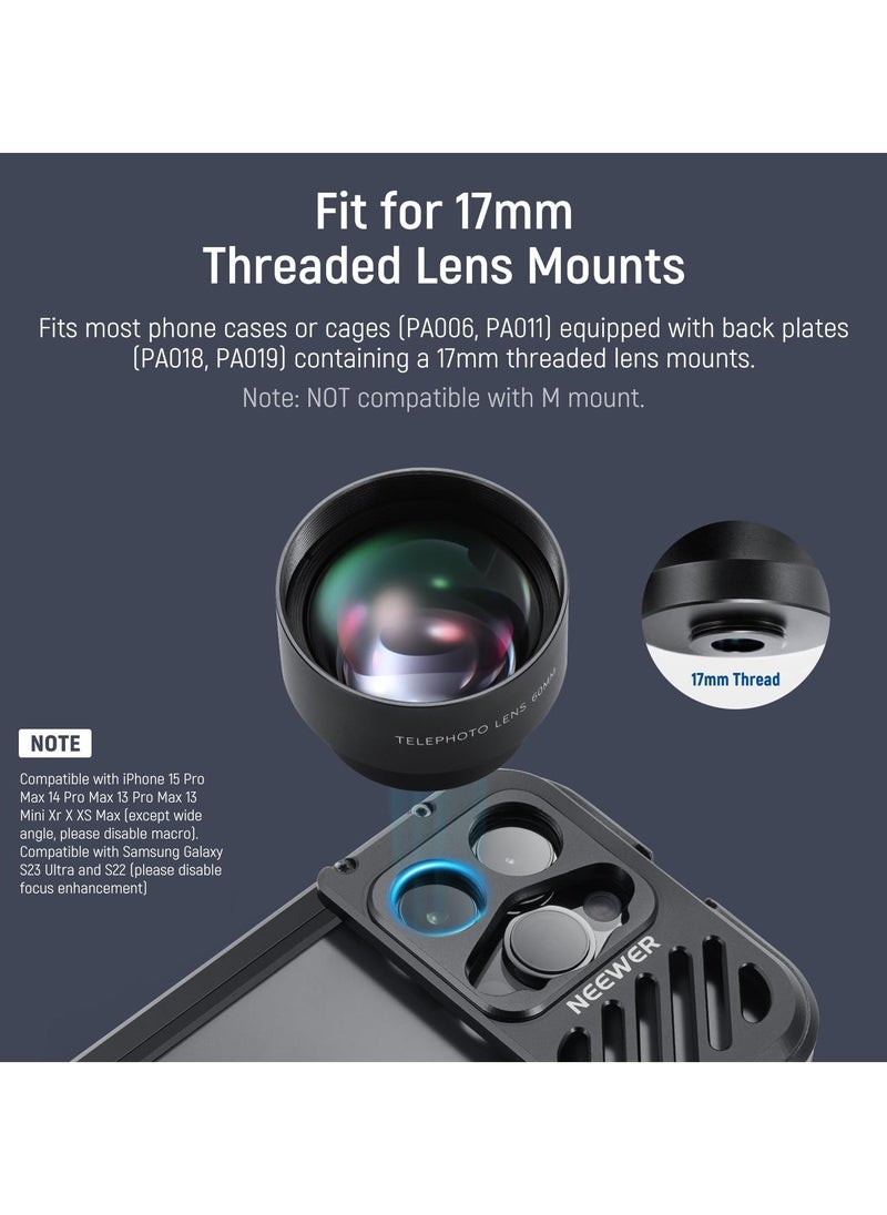 HD 60mm Telephoto Lens Only, for 17mm Thread Backplate, 2X Magnification, Compatible with SmallRig iPhone Samsung Phone Cage, with 17mm Lens Adapter  - Image 4