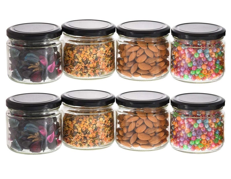 Cartvilla Cartvilla 350 ml Glass Jars Transparent Round Shape Black Lid Air Tight Kitchen Organizer Salsa Jar Storage container for Cakes Jam Pickle Tea Coffee Chutney Set of 6 - Image 1