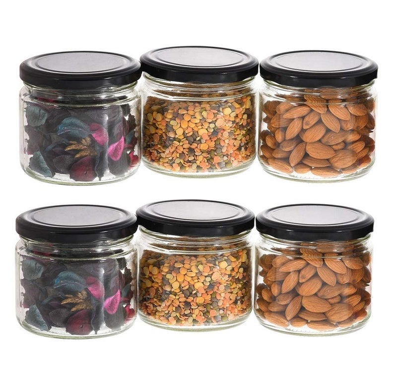 Cartvilla Cartvilla 350 ml Glass Jars Transparent Round Shape Black Lid Air Tight Kitchen Organizer Salsa Jar Storage container for Cakes Jam Pickle Tea Coffee Chutney Set of 6 - Image 2