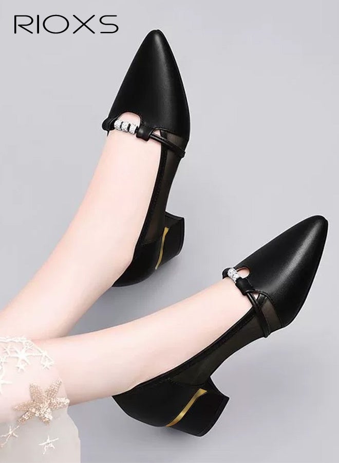 RIOXS Women's Leather Shoes, Pointed Toe Dressy Shoes, 4cm Low Heels Slip-on Shoes, Classic Chunky Heeled Shoes, Fashion Versatile Women Dressy Shoes, Thick-heeled Mary Jane Shoes, Comfy Breathable Pump Shoes for Work/ Wedding/ Casual/ Daily Wear, Black Ladies Pumps - Image 1