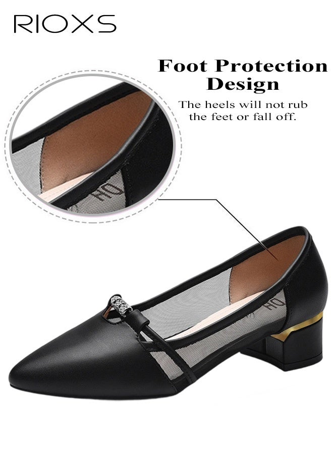 RIOXS Women's Leather Shoes, Pointed Toe Dressy Shoes, 4cm Low Heels Slip-on Shoes, Classic Chunky Heeled Shoes, Fashion Versatile Women Dressy Shoes, Thick-heeled Mary Jane Shoes, Comfy Breathable Pump Shoes for Work/ Wedding/ Casual/ Daily Wear, Black Ladies Pumps - Image 4