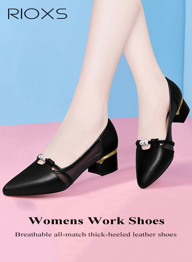 RIOXS Women's Leather Shoes, Pointed Toe Dressy Shoes, 4cm Low Heels Slip-on Shoes, Classic Chunky Heeled Shoes, Fashion Versatile Women Dressy Shoes, Thick-heeled Mary Jane Shoes, Comfy Breathable Pump Shoes for Work/ Wedding/ Casual/ Daily Wear, Black Ladies Pumps - Image 3