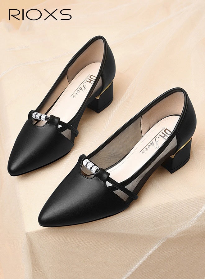 RIOXS Women's Leather Shoes, Pointed Toe Dressy Shoes, 4cm Low Heels Slip-on Shoes, Classic Chunky Heeled Shoes, Fashion Versatile Women Dressy Shoes, Thick-heeled Mary Jane Shoes, Comfy Breathable Pump Shoes for Work/ Wedding/ Casual/ Daily Wear, Black Ladies Pumps - Image 2
