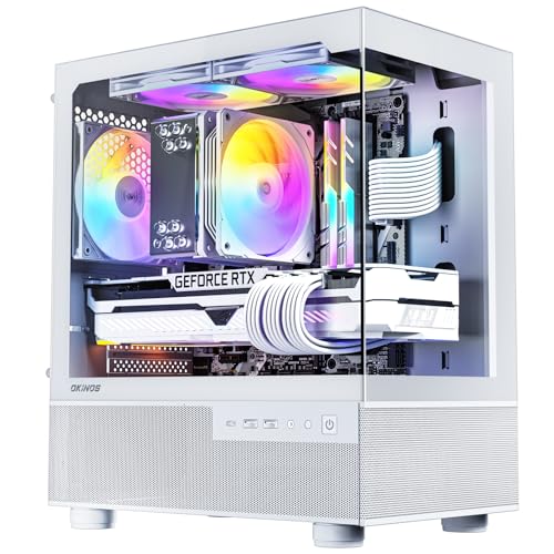 Okinos Aqua 3, Micro ATX Case, MATX PC Case with 3 X 120mm 3-Pin ARGB Fan Pre-Installed, Panoramic View Tempered Glass Front & Side Panel, with Type C Port, White - Image 1