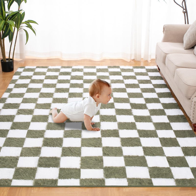 TOOHUB Super Soft Rug for Bedroom, 5x7 Ft Green and White Area Rug Classic Checkered Shaggy Anti-Skid High Pile Soft Fluffy Rug Fuzzy Carpet for Living Room Bedroom Kids Room Nursery, Dorm Home Decor - Image 1