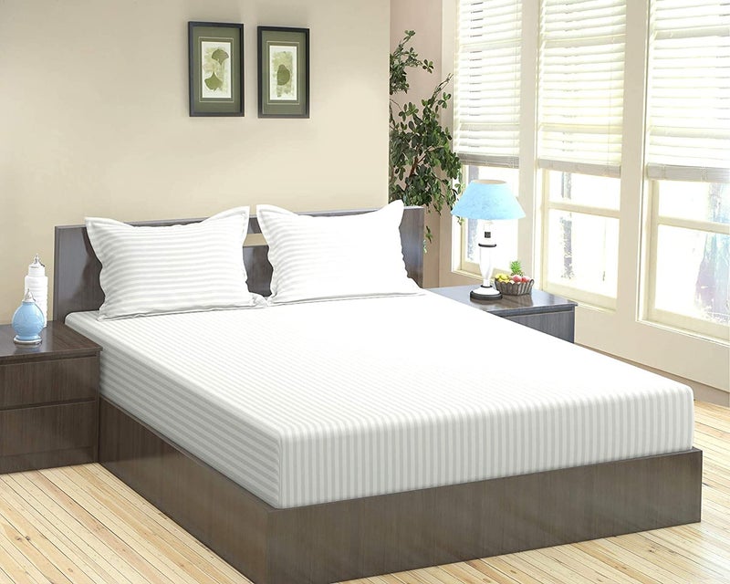 Cool Dealzz Cool Dealzz 300 TC Premium 100 Cotton Satin Stripe Double Bed Bedsheets Pillow Covers for Hotels Homes 95x95 White 