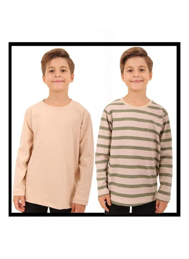 Perendi 2‑Pack Bicycle‑Collar Long Sleeve Striped and Plain Unisex Kids T‑Shirt in Khaki Beige.
