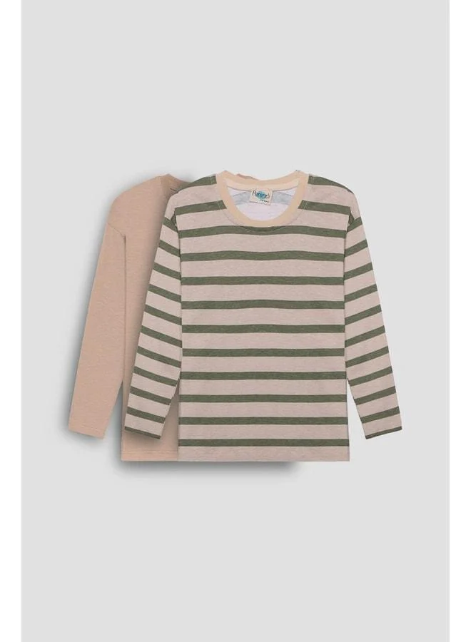 Perendi 2‑Pack Bicycle‑Collar Long Sleeve Striped and Plain Unisex Kids T‑Shirt in Khaki Beige.