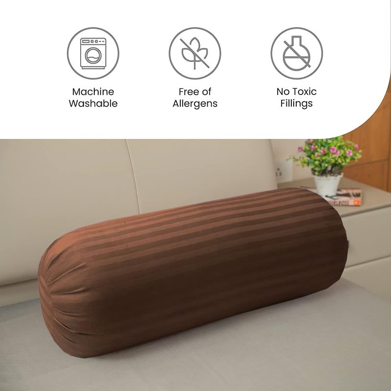 IVAZA IVAZA Microfibre Striped Round Bolster Bed/Sofa/Diwan Pillow | Light, Soft & Fluffy for Neck & Back Support | Washable Breathable, Durable Decorative Pillow Bolster, Size- 16X32 Inches Pack of 2 Coffee - Image 3