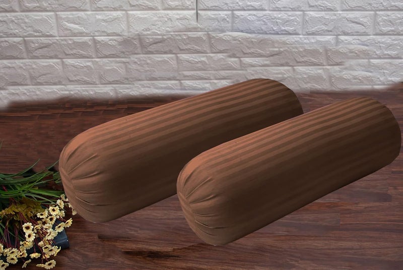 IVAZA IVAZA Microfibre Striped Round Bolster Bed/Sofa/Diwan Pillow | Light, Soft & Fluffy for Neck & Back Support | Washable Breathable, Durable Decorative Pillow Bolster, Size- 16X32 Inches Pack of 2 Coffee - Image 1