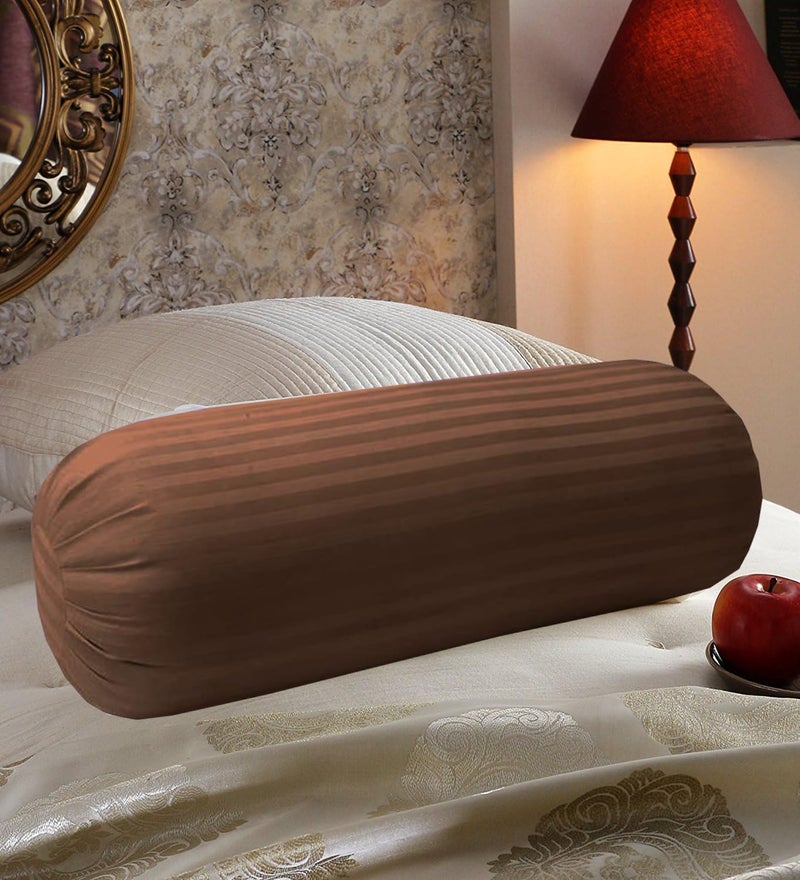 IVAZA IVAZA Microfibre Striped Round Bolster Bed/Sofa/Diwan Pillow | Light, Soft & Fluffy for Neck & Back Support | Washable Breathable, Durable Decorative Pillow Bolster, Size- 16X32 Inches Pack of 2 Coffee - Image 2