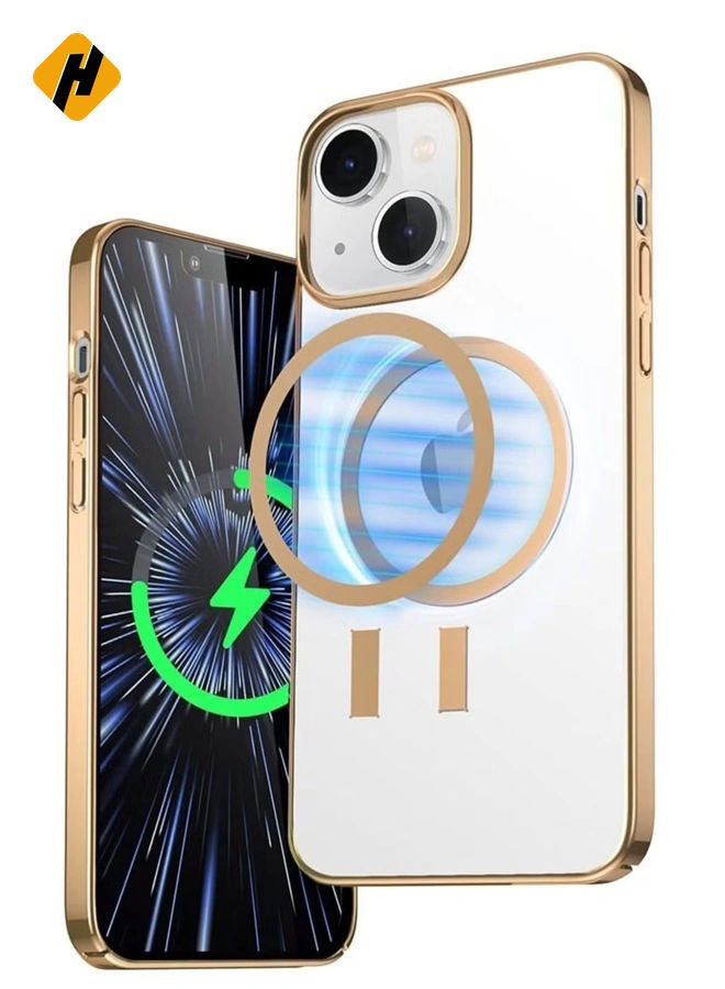 HuHa Built-in Magnet Clear Case for iPhone 14, Compatible with Mag-safe Accessories, Slim Thin PC Durable Case Support Wireless Char-ging (iPhone 14, Gold)  - Image 1