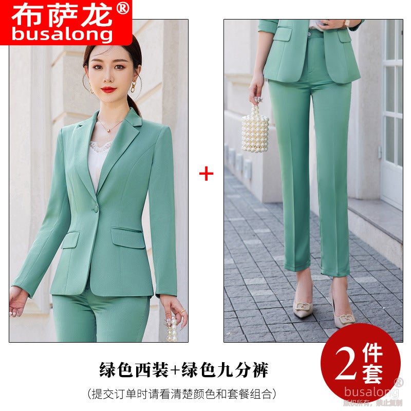 2023 New Busalong Womens Long Sleeve Professional Suit Trousers Formal Set Interview Sales Work Clothes 89121 Green top +5008 green pants