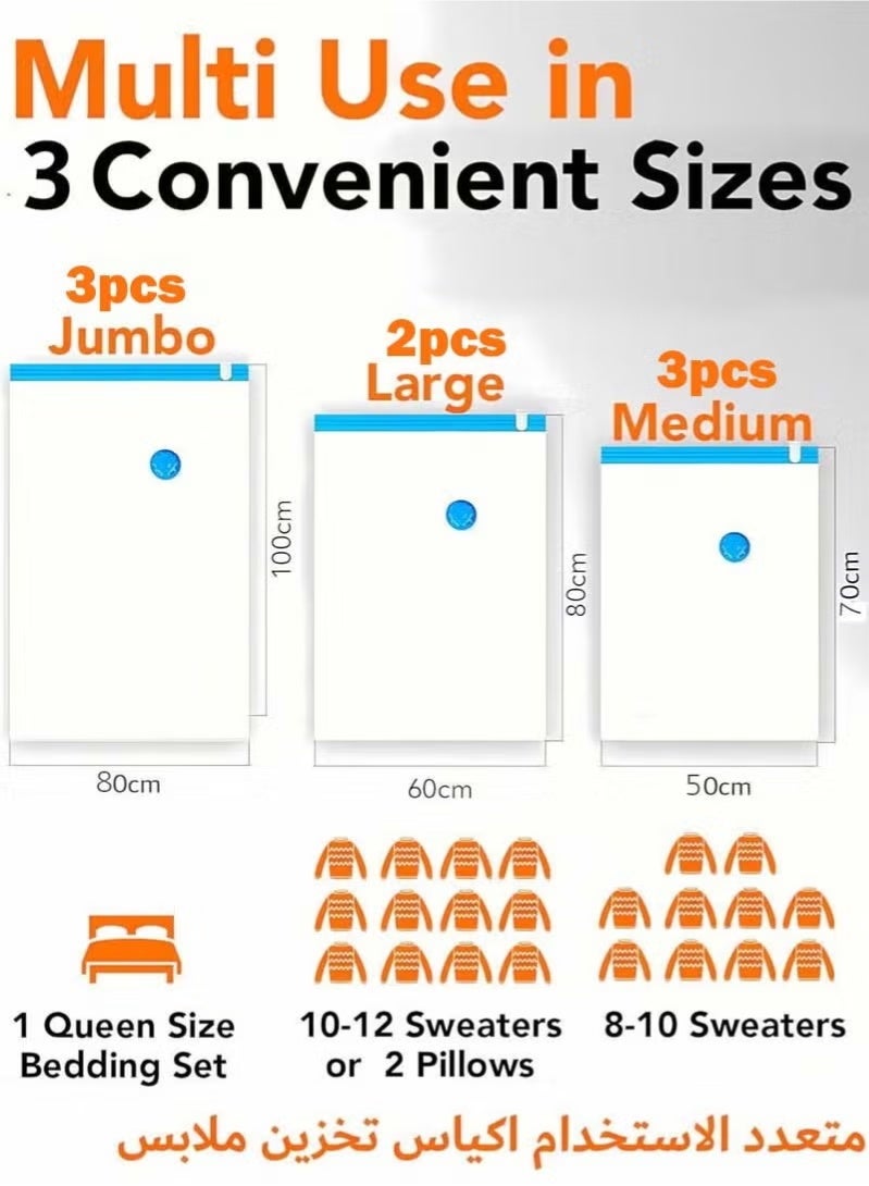 Plastic Vacuum Seal Bag Vacuum Storage Bags with Pump, 8 Pack (3 Jumbo, 2 Large, 3 Medium) Vacuum Seal Storage Bags, Reusable Vacuum Bags for Clothes, Mattress, Blanket, Duvets, Pillows, Comforters, Quilt, Travel - Image 3