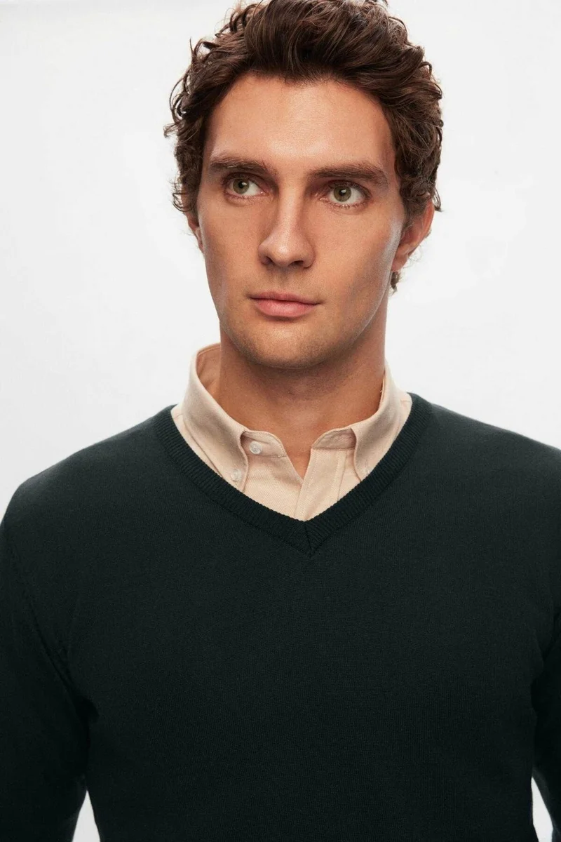 دي أس دامات Regular Fit Khaki Plain V Neck Knitwear Sweater 5HF06ORT12003