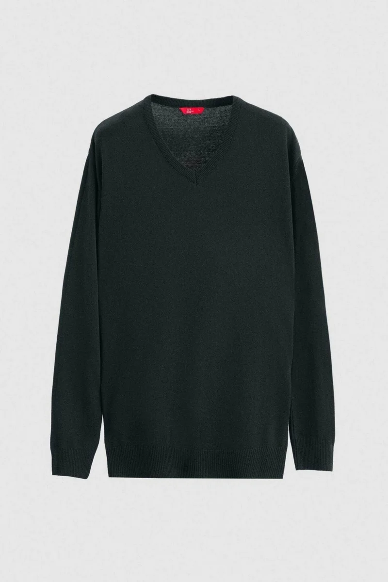 دي أس دامات Regular Fit Khaki Plain V Neck Knitwear Sweater 5HF06ORT12003