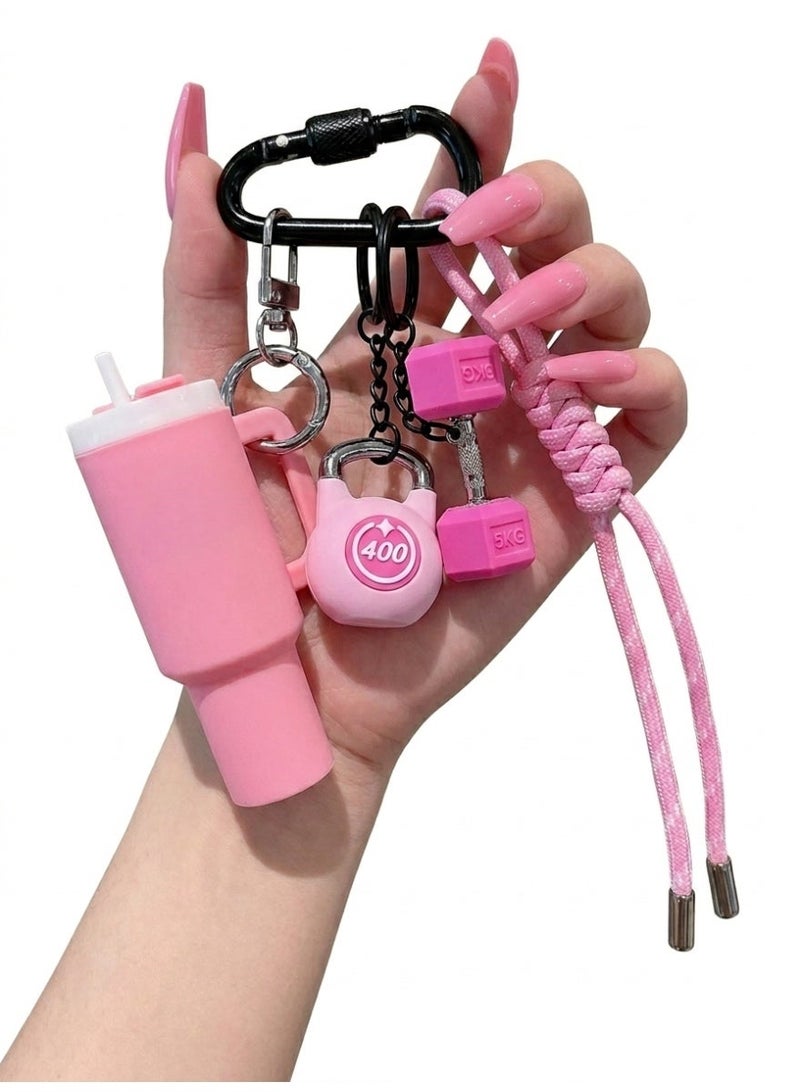 Aura Style Cute Gym Bag Charm for Women, Silicone Fitness Keychain with Mini Tumbler & Dumbbell, Pink - Image 2