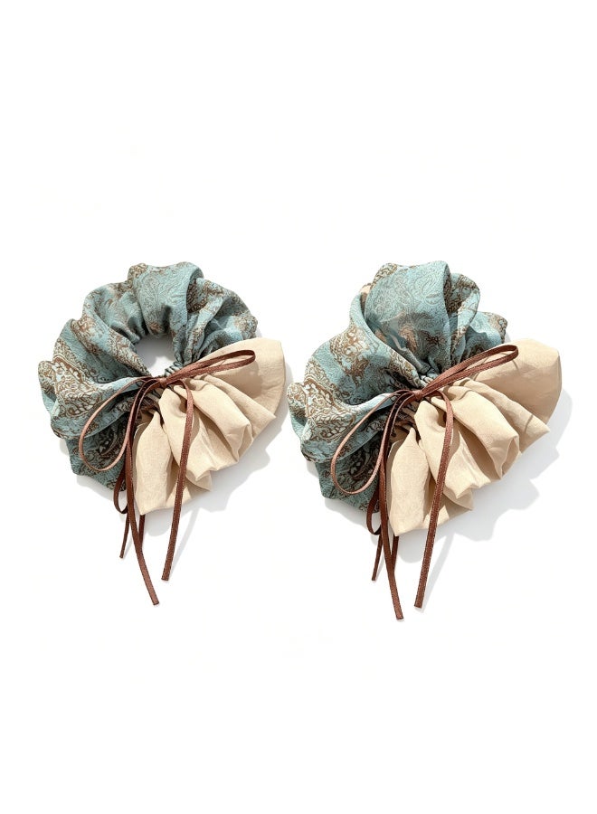 2 Pack New Chinese Style Blue Brown Floral Tulle Bow Scrunchies for Women - Image 1