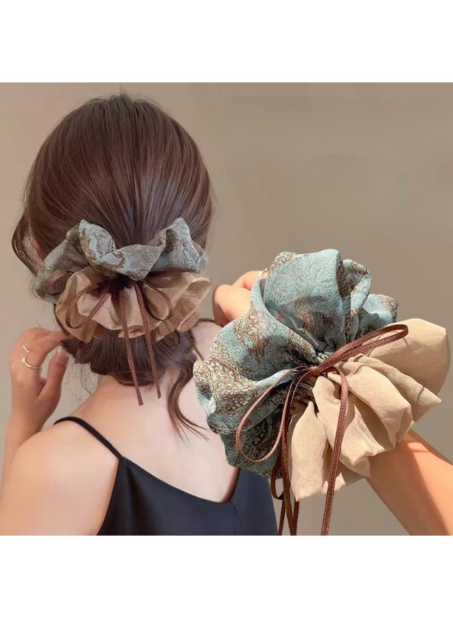 2 Pack New Chinese Style Blue Brown Floral Tulle Bow Scrunchies for Women - Image 2