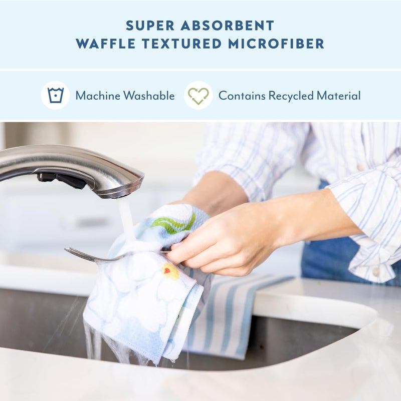 ELYN Microfiber Kitchen Dish Cloth Set, Quick-Dry & Absorbent Waffle Weave Cleaning Towels, Set of 6 Wash Cloths, Paper Towels & Sponge Alternative (Painterly Floral & Grid) - Image 3