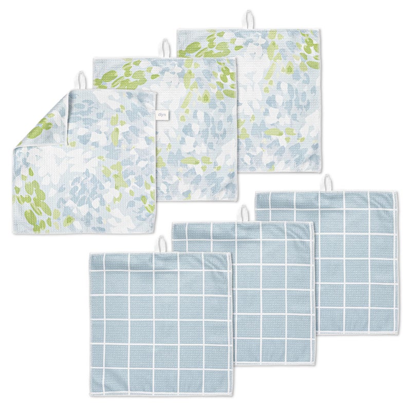 ELYN Microfiber Kitchen Dish Cloth Set, Quick-Dry & Absorbent Waffle Weave Cleaning Towels, Set of 6 Wash Cloths, Paper Towels & Sponge Alternative (Painterly Floral & Grid) - Image 1