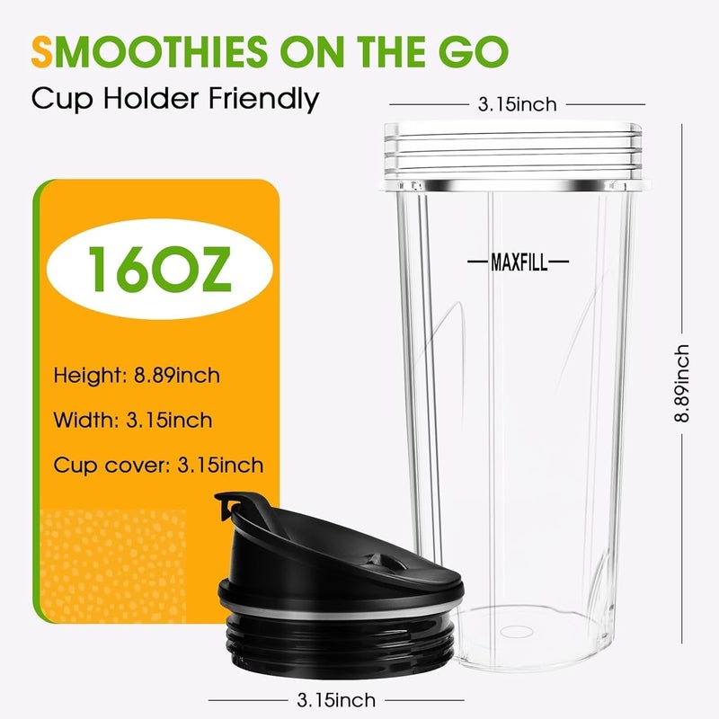 UBYNID Blender 16oz Cups Replacement for Ninja - 3 Pack Ninja Blender Cups with Lids, Compatible with Ninja QB3001SS, BL770, BL780, BL660, BL740, BL810, Nutri Ninja Series Blenders - Image 3