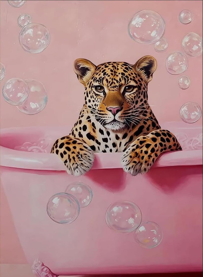DAZZLEDOTS Pink Diamond Art Kits for Adults Beginner, DIY Cheetah Bathroom Diamond Painting Kits Round Cute Animal Diamond Dots 5D Full Drill Painting Kit Art and Crafts for Home Wall Decor 12X16inch - Image 1