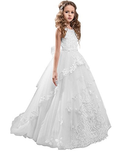 PLwedding Flower Girl Dress Kids Lace Beaded Pageant Ball Gowns (Size 8, B White) - Image 5