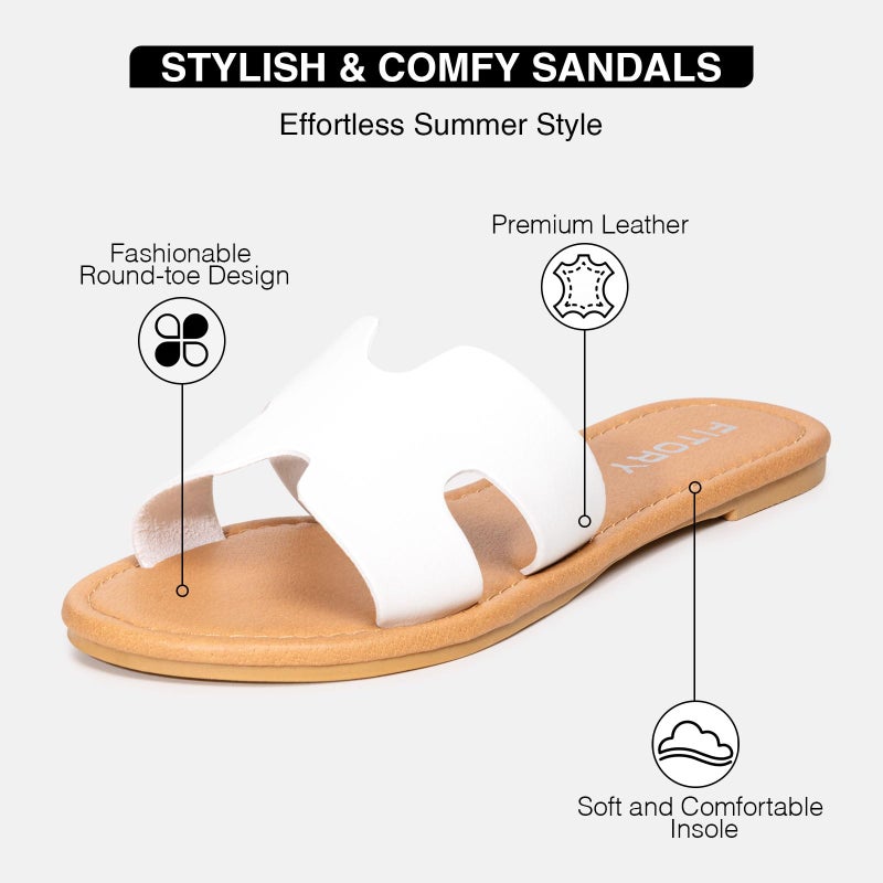 FITORY Women's Comfortable Dressy Leather Flat Sandals - Stylish & Beautiful Summer Slides White Size 9 - Image 3