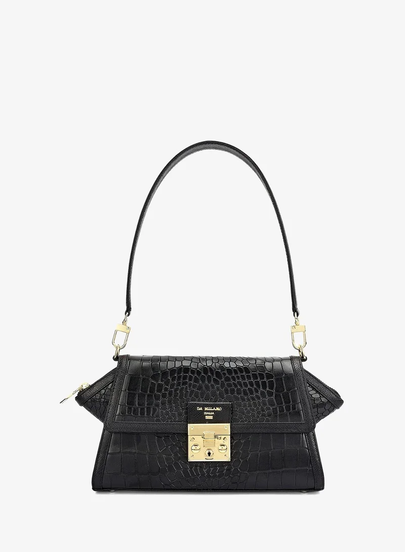 Da Milano Small Croco Leather Shoulder Bag - Black