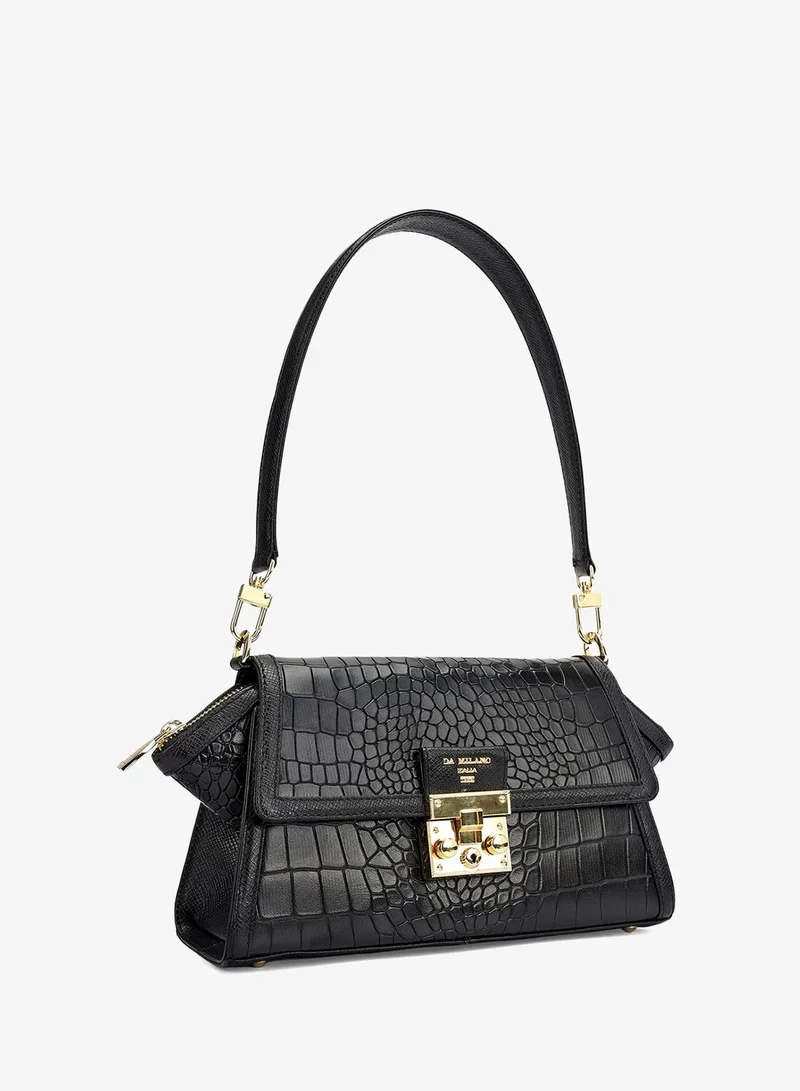Da Milano Small Croco Leather Shoulder Bag - Black