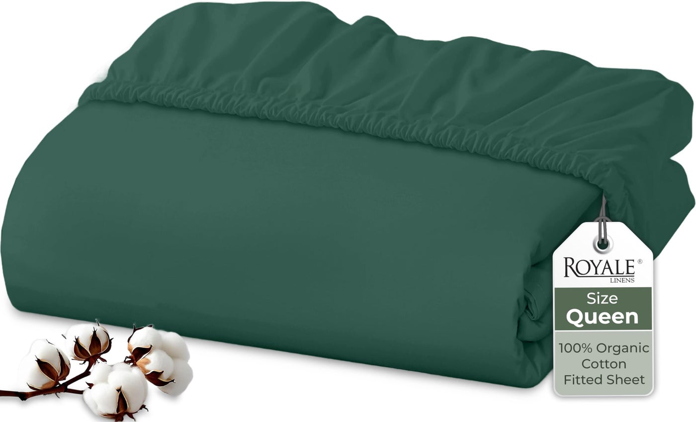 Royale Linens 100% Organic Cotton Fitted Sheet - Percale Weave - Super Soft Deep Pocket Bottom Sheets - Elastic Sheet Queen Size - Queen Fitted Sheets Only - (60"x80"+15", Hunter Green)