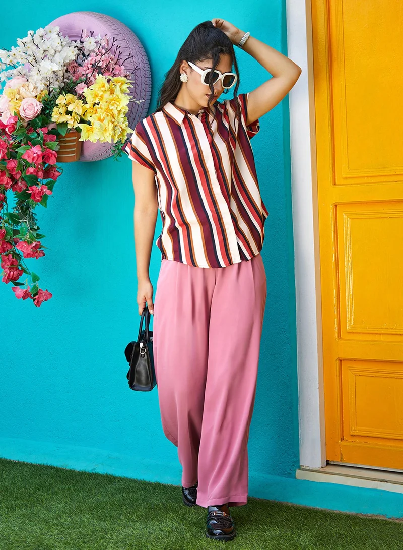 PINACOLADA Women's Maroon & Beige Barcode Striped Shirt