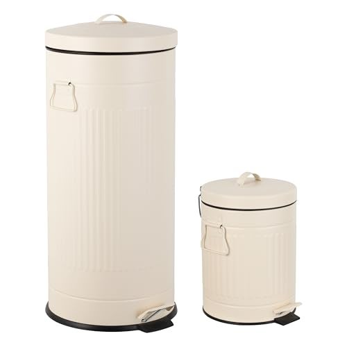 happimess HPM1018C Theo Retro 8-Gallon Step Trash Can with Soft-Close Lid and Free Mini Trash Can for Home, Kitchen, Bathroom, Living Room, Office, Limestone Beige - Image 1