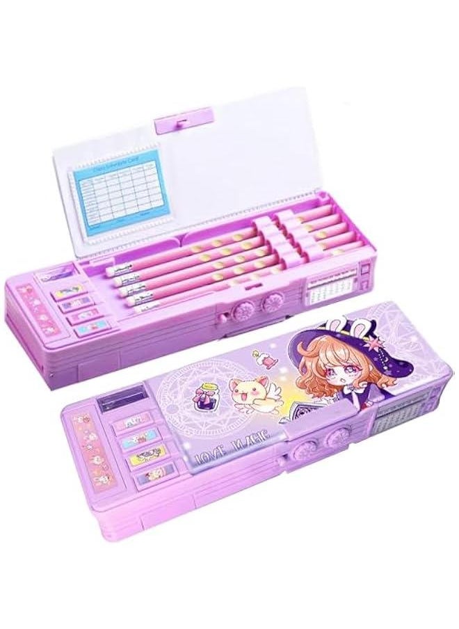 HOOKOR Pop Up Multifunction Pencil Case, Cute Cartoon Pen Box Organizer Stationery with Lock, Sharpener, Schedule, Whiteboard, School Supplies, Best Gifts for Kids Teens (Purple)  - Image 1