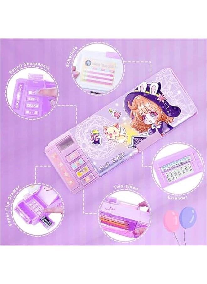 HOOKOR Pop Up Multifunction Pencil Case, Cute Cartoon Pen Box Organizer Stationery with Lock, Sharpener, Schedule, Whiteboard, School Supplies, Best Gifts for Kids Teens (Purple)  - Image 3