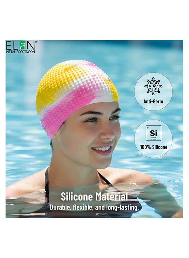ELAN Morex Silicone Bubble Swim Cap - High-Visibility White & Yellow Multi-Colour - Roomy Comfort Fit for Long Hair, Textured Air-Bubble Design for Warmth, Premium Waterproof Cap - Image 3