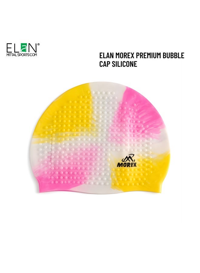 ELAN Morex Silicone Bubble Swim Cap - High-Visibility White & Yellow Multi-Colour - Roomy Comfort Fit for Long Hair, Textured Air-Bubble Design for Warmth, Premium Waterproof Cap - Image 2