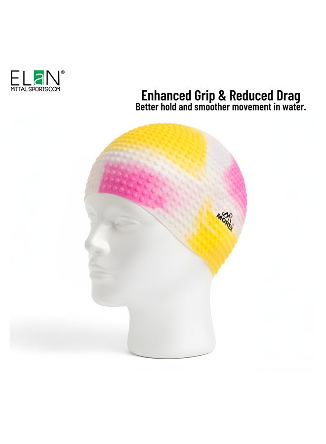 ELAN Morex Silicone Bubble Swim Cap - High-Visibility White & Yellow Multi-Colour - Roomy Comfort Fit for Long Hair, Textured Air-Bubble Design for Warmth, Premium Waterproof Cap - Image 1