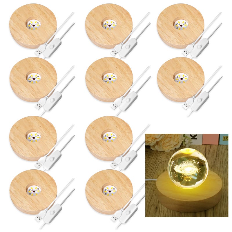 Olutacot 10 Pcs Wooden LED Display Bases Round Wood Display Lighted Bases for Glass Art LED Lighted Display Stand Bases for 3D Crystal Ball Room Office Home Decor - Image 1