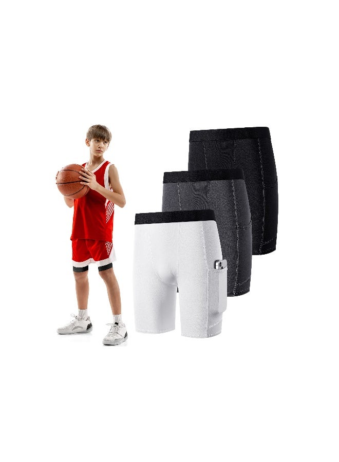 Youth Boys Compression Shorts with Side Pockets - Performance Base Layer Athletic Underwear for Basketball, Baseball, Soccer, and Gym - Activewear 3-Pack in Medium Size (3 Colors)  - Image 1