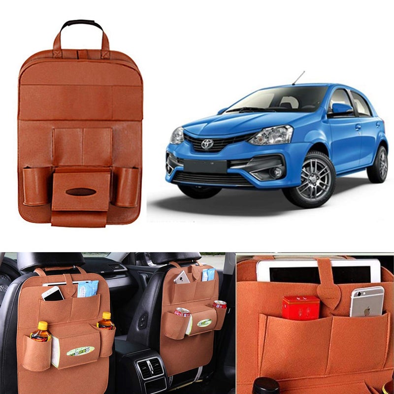 Oshotto Car Backseat Storage Organizer Phone Holder,Multi-Pocket for Bottles, Tissue Boxes,Kids Toy Storage and Great Travel Accessory Compatible with Toyota Liva (Tan) - Image 1