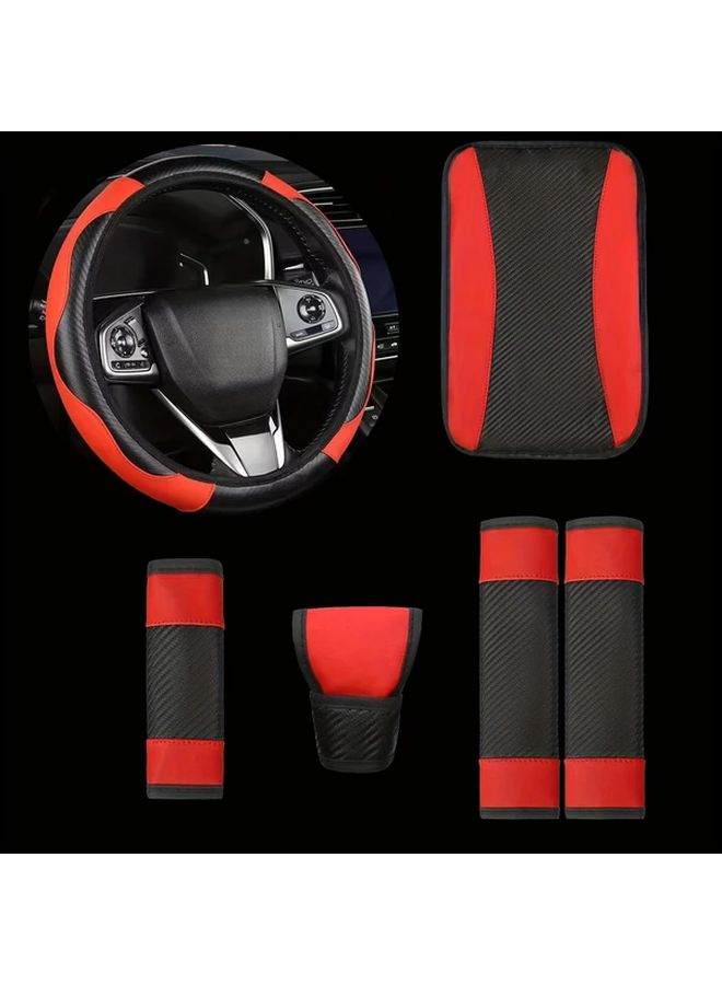 Purple 6Pcs Car Interior Set Microfiber Leather Steering Wheel Cover Armrest Pad - Image 1