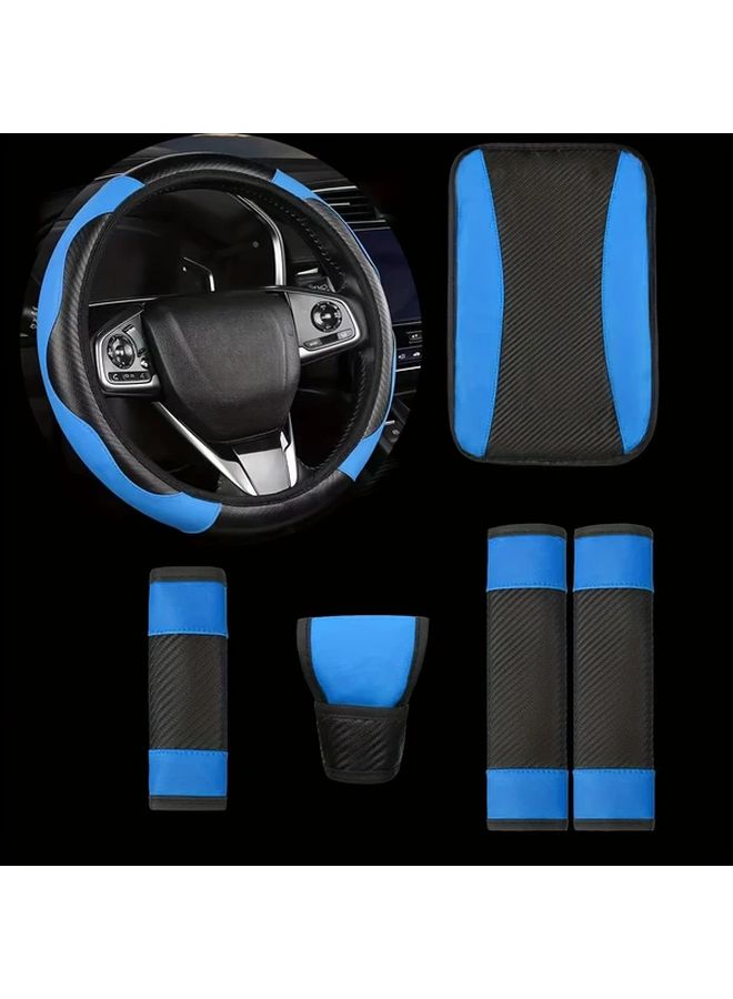 Purple 6Pcs Car Interior Set Microfiber Leather Steering Wheel Cover Armrest Pad - Image 3