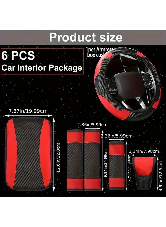 Purple 6Pcs Car Interior Set Microfiber Leather Steering Wheel Cover Armrest Pad - Image 2